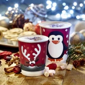 Penguin Design Double Wall Coffee Cups with White Sip Through Lids - 12oz x 50pcs