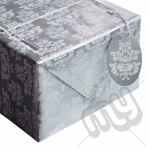 Metallic Silver & White Damask Print Wrapping Paper - 2 Sheets & 2 Tags